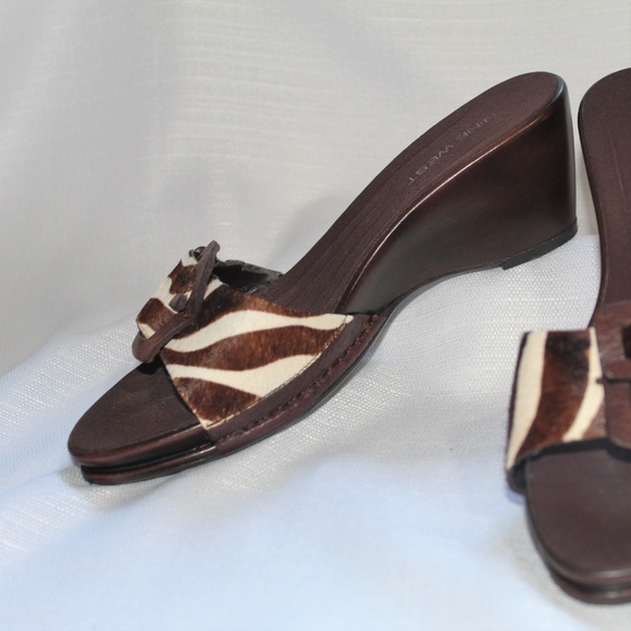 Nine West Wedge Sandals Pony Hair w Leather Buckle - Picture 2 of 8